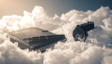 A briefcase and a watch, symbols of corporate ambition and the relentless pace of time, rest peacefully on a bed of clouds.の素材
