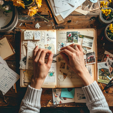 From a top-down perspective, a person's hands carefully place cherished photographs and notes into a vintage scrapbook.の素材