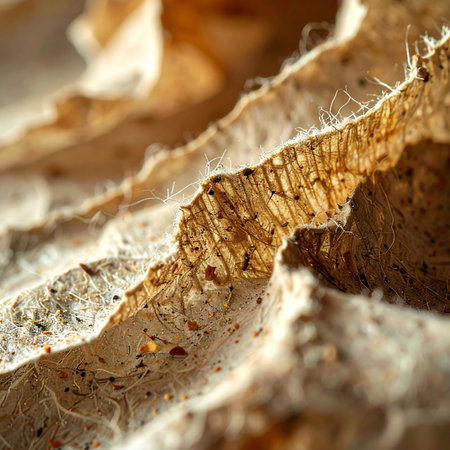 A macro perspective reveals the intricate and delicate layers of a natural structure in the process of decay.の素材