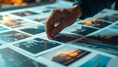 In the focused quiet of a studio, a creative director meticulously reviews a collection of printed photographs.の素材