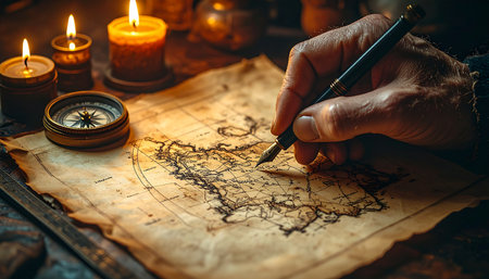 In the quiet glow of flickering candles, a seasoned explorer or historian meticulously charts a course on a weathered parchment map.の素材