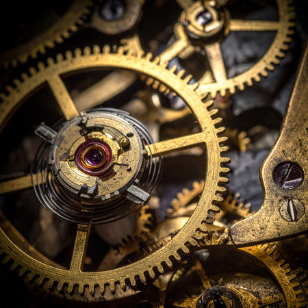 A macro view reveals the complex inner world of a vintage timepiece.の素材