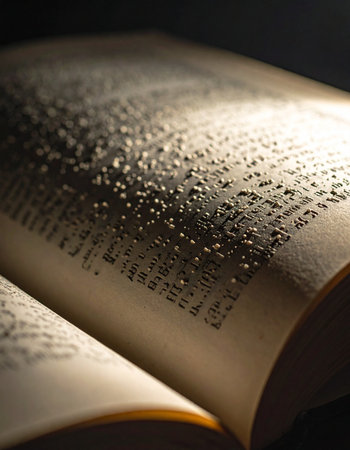 In the quiet of a dimly lit room, a single beam of light falls across the aged page of an ancient manuscript, illuminating forgotten words and timeless wisdom.の素材