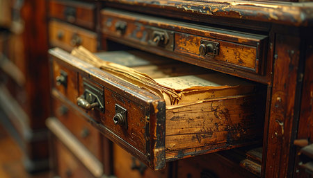 An old, weathered wooden drawer is pulled open, revealing a trove of forgotten history.の素材