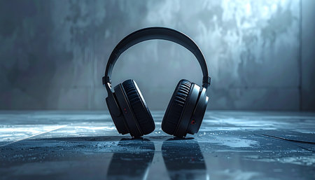In a cool, atmospheric space, a pair of sleek wireless headphones rests on a wet, reflective surface.の素材