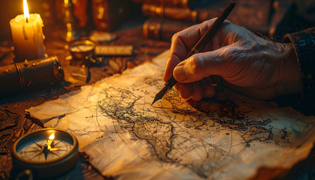 In the quiet solitude of a study lit only by flickering candlelight, an explorer's hand meticulously charts a course on an ancient map.の素材