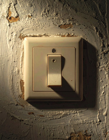 A single, aged light switch is cast in dramatic, harsh light against a decaying, peeling wall.の素材