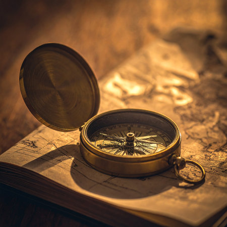 An antique brass compass rests upon an old, weathered map, its needle ready to point the way. The warm, dramatic light suggests a journey about to begin or a long-lost secret waiting to be discovered.の素材