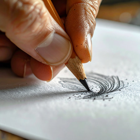 In a moment of quiet focus, an artist's hand brings an idea to life.の素材