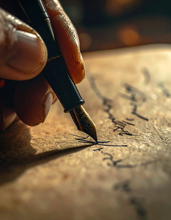 A hand carefully guides a classic fountain pen across the textured surface of antique parchment.の素材