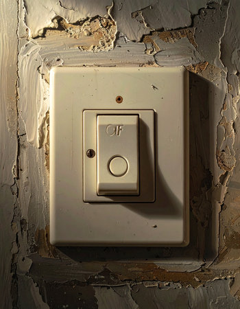 In a forgotten room, a lone light switch stands as a silent witness to decay. The surrounding wall, with its layers of cracked and peeling paint, tells a story of time and neglect.の素材