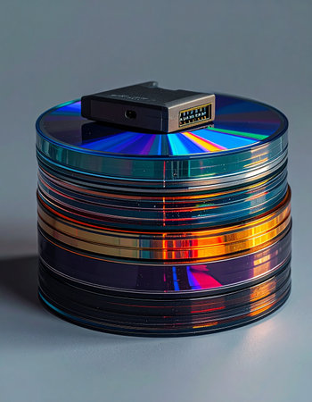 A towering stack of iridescent optical discs holds a vast archive of digital information.の素材