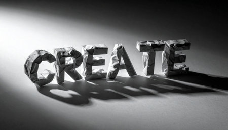 In a stark, high-contrast scene, the word CREATE emerges from the darkness, illuminated by a single, powerful spotlight.の素材