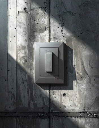 In a stark, industrial space, a single light switch is illuminated by a dramatic shaft of light, casting deep shadows on the weathered concrete wall.の素材