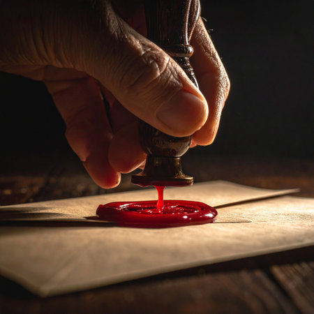 In the dim light of a study, a hand carefully presses a traditional stamp into molten red wax, sealing a document of great importance.の素材