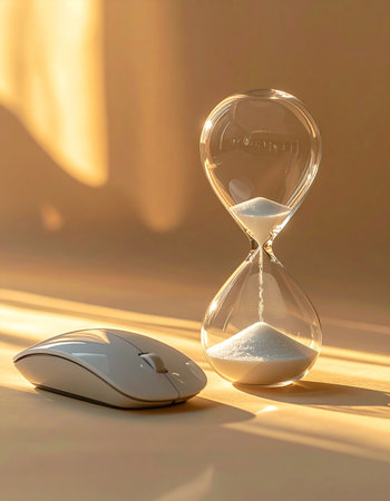 As the golden afternoon sun streams across a desk, an hourglass measures the final moments of a project. Next to it, a computer mouse sits still, representing the digital work waiting to be completed.の素材
