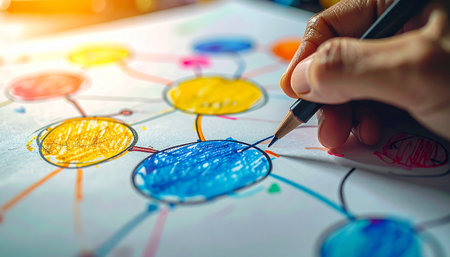 In a moment of creative clarity, a hand meticulously draws connections between colorful nodes on a mind map.の素材