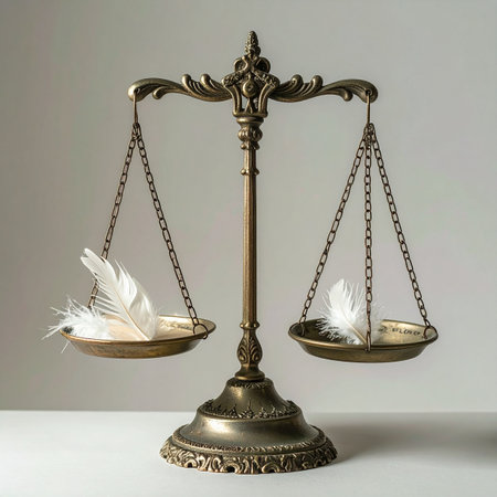 An antique brass scale holds delicate white feathers in perfect equilibrium.の素材