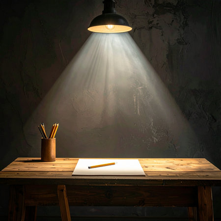 In the quiet of a dark room, a single lamp illuminates a blank page on a rustic wooden desk. The stage is set for the next big idea, a new story to be written, or a masterpiece to be drawn.の素材
