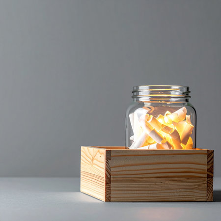 A collection of brilliant ideas and moments of inspiration are captured and preserved, glowing warmly within a simple glass jar.の素材