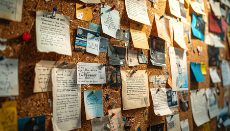 A vibrant tapestry of memories, ideas, and reminders pinned to a corkboard.の素材