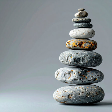 A carefully constructed tower of smooth stones stands in perfect equilibrium against a calm, gray background.の素材