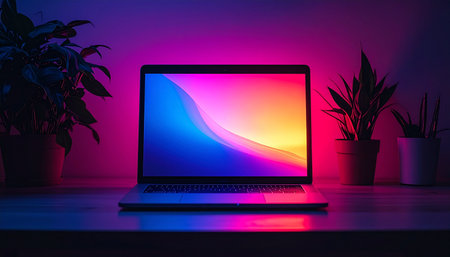 A modern laptop glows with vibrant pink and blue neon light, creating an inspiring and futuristic atmosphere for late-night creativity.の素材