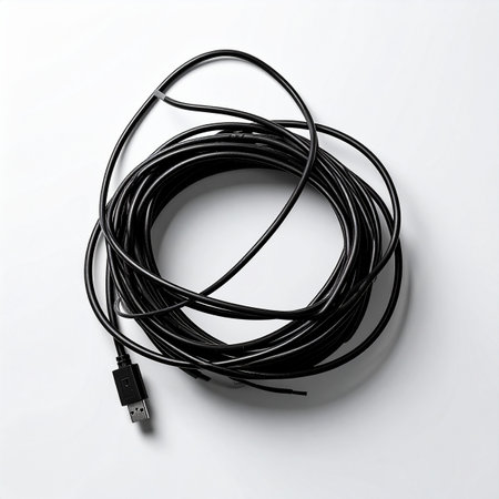A single black USB cable lies coiled in a tangled loop on a clean white background.の素材