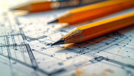 The sharp points of freshly prepared pencils rest on a detailed architectural blueprint, poised for the next revision.の素材