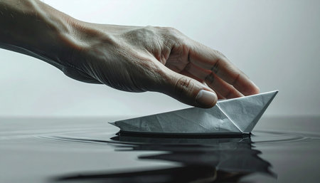 A gentle hand carefully places a fragile paper boat onto the still, dark water, launching it on a new journey.の素材