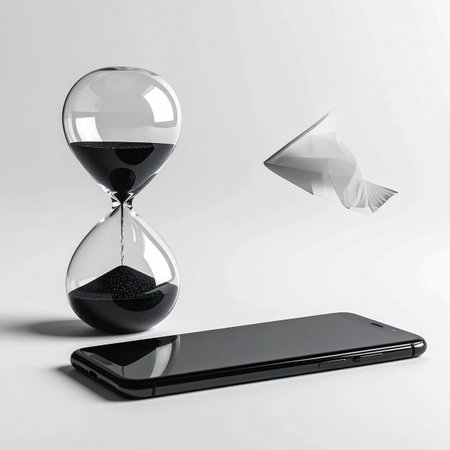 An hourglass with black sand marks the relentless passage of time next to a modern smartphone.の素材