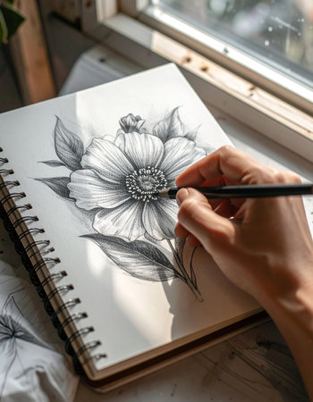 An artist's hand carefully shades the petals of a beautiful flower, bringing it to life on the page of a sketchbook.の素材