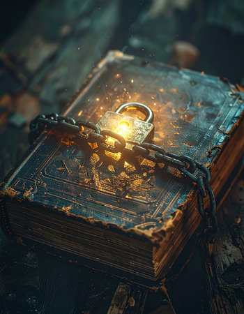 In a forgotten corner of the world, an ancient grimoire lies bound by chains and a luminous, magical lock.の素材