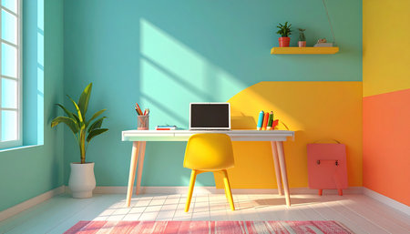 A bright and cheerful workspace comes to life with a splash of vibrant color and warm morning sunlight.の素材
