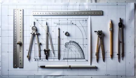 A top-down view of an architect's workspace, where precision instruments like compasses, rulers, and protractors are meticulously arranged over a detailed blueprint.の素材