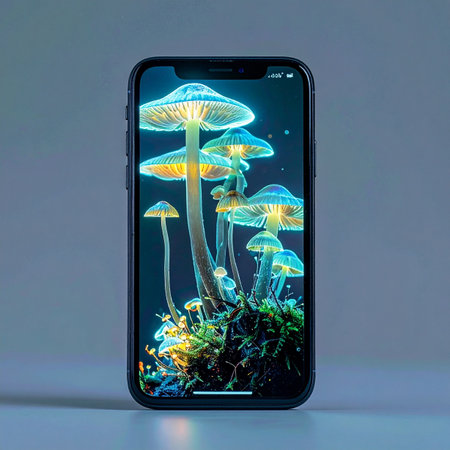 A modern smartphone displays a vibrant, glowing image of bioluminescent mushrooms, transforming the screen into a portal to a magical, fantasy forest.の素材