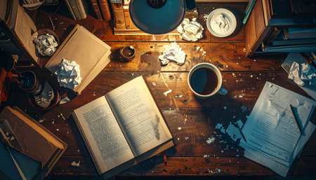 In the quiet solitude of the late hours, a writer's desk is a battlefield of ideas.の素材