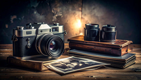 A classic analog camera rests on a rustic wooden desk, surrounded by old lenses, books, and faded photographs.の素材