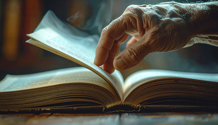 An elderly scholar's hand gently turns the fragile, yellowed page of an ancient tome.の素材