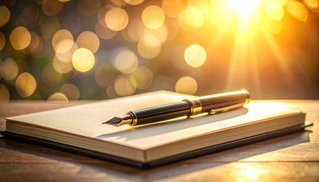 A classic fountain pen rests atop a closed journal on a wooden desk, bathed in the warm, golden glow of morning sunlight.の素材