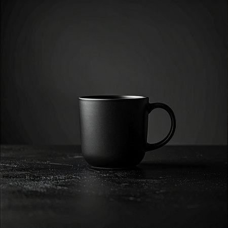 A single black ceramic mug sits in quiet contemplation on a dark, textured surface.の素材