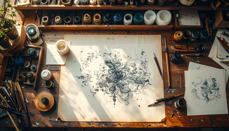 Sunlight streams across a cluttered wooden desk, illuminating a detailed drawing in progress.の素材