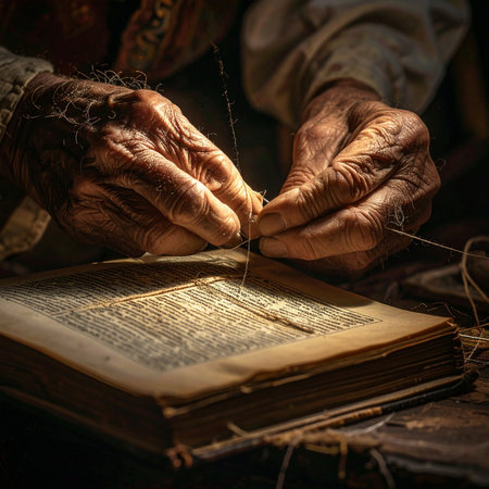 In the quiet dimness of a forgotten workshop, a pair of aged, wise hands meticulously work with a needle and thread.の素材