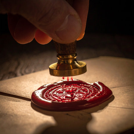 In the dim light of a study, a hand presses a brass signet into molten red wax, creating an unbreakable seal.の素材