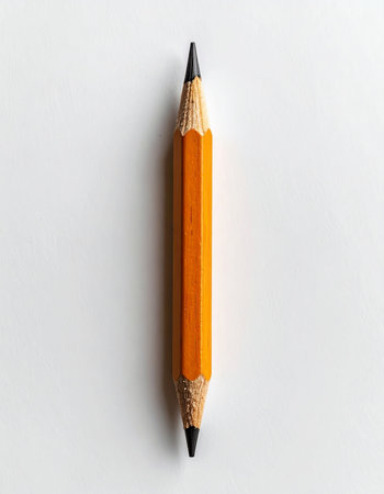A single yellow pencil, sharpened at both ends, lies on a clean white surface.の素材