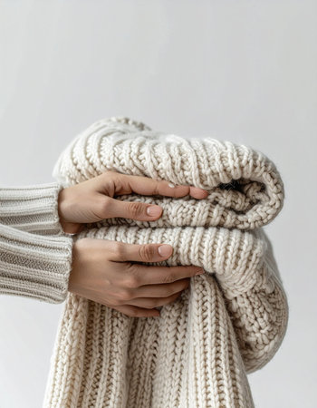 A person carefully holds a freshly folded, warm knit sweater, ready for the cold season. This image evokes a sense of comfort, home organization, and the simple pleasures of cozy living and self-care.の素材