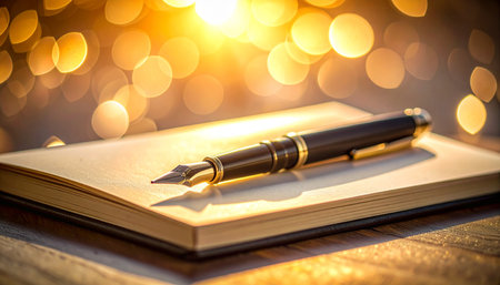 An elegant fountain pen rests upon the blank pages of an open journal, waiting for inspiration to strike.の素材