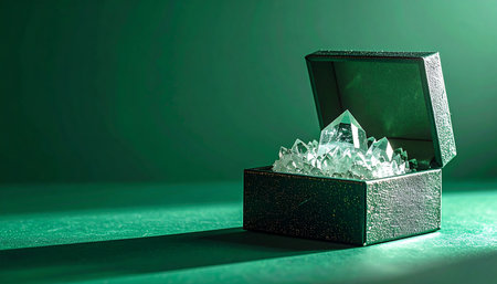 An old, dark chest sits open against a mysterious green background, revealing a trove of sparkling raw quartz crystals.の素材