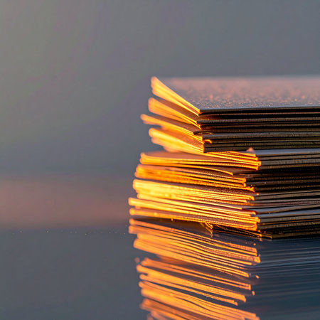 As the day ends, the setting sun casts a warm, golden glow across a meticulously organized stack of documents.の素材