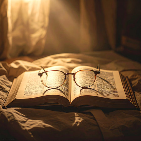 In the soft, warm glow of a bedside lamp, a pair of reading glasses rests on the pages of an open book. The day's chapter has ended, leaving a quiet moment for reflection and rest.の素材